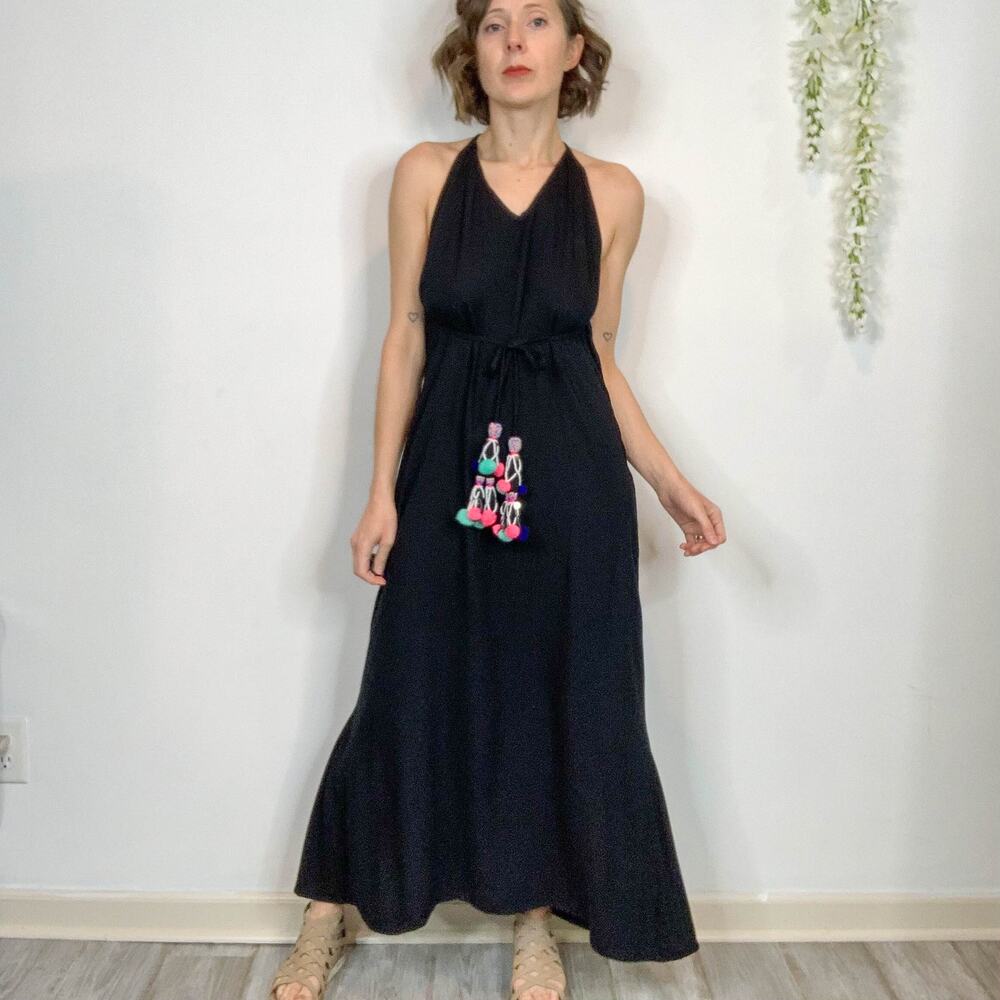 NIBI MTK backless maxi dress versatile tassel ties black 2193